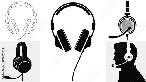 Professional headset headphone illustrations for communication and audio listening in black and white minimal design style for call center operator customer service representative and computer gaming