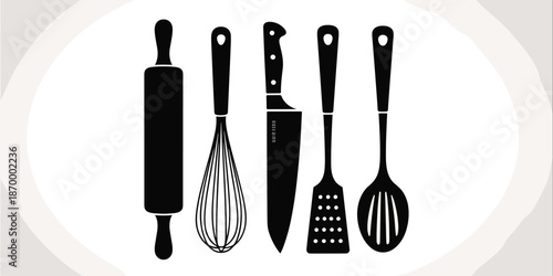 Black silhouette kitchen utensil vector set cooking tools baking equipment chef culinary preparation collection rolling pin whisk knife spatula slotted spoon illustration for restaurant menu design re