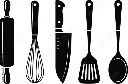 Black kitchen utensils include rolling pin whisk chef knife spatula and spoon in minimalist vector illustration kitchenware cooking culinary tools for food preparation restaurants catering services re
