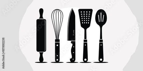 Black kitchen utensils set minimal vector illustration cooking equipment including rolling pin whisk knife slotted turner spoon for food preparation baking culinary arts restaurant kitchenware design