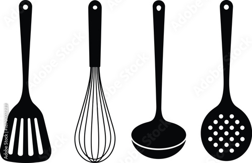 Kitchen utensil set silhouette including spatula whisk soup ladle and slotted spoon for cooking and food preparation in home restaurant or catering service culinary arts industry kitchenware design co