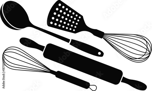 Black and white kitchen utensils cooking preparation tools spatula whisk rolling pin spoon for baking food preparation culinary arts and home cooking recipes restaurant menu design minimal kitchenware