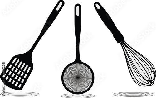 Kitchen utensil silhouettes including spatula skimmer and whisk for cooking preparation baking food service culinary arts modern kitchenware minimal design elements restaurant cafe catering business p