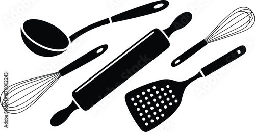 Kitchen Utensils Illustration Set for Cooking and Baking Recipes Black and White Ladle Rolling Pin Whisk Spatula Tools for Culinary Arts and Home Kitchens Food Preparation Equipment Vector Design Elem
