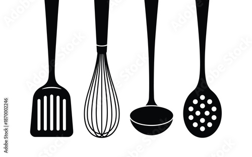 Kitchen Utensil Set Black and White Silhouette Illustration of Spatula Whisk Ladle and Skimmer for Cooking Food Preparation Culinary Arts Home Kitchenware Restaurant Menu Design Graphics Minimalist Mo