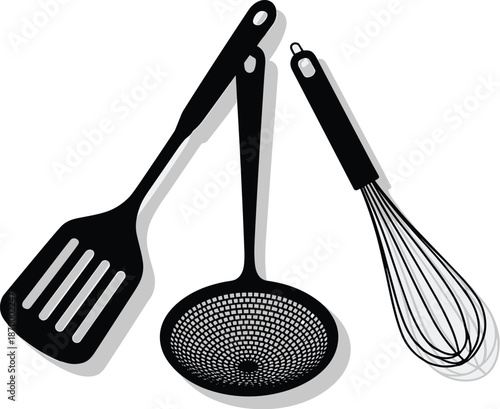 Black kitchen utensils spatula strainer and whisk minimalist cooking preparation tools set for food preparation culinary arts baking concepts modern kitchenware design for restaurant menu or food blog