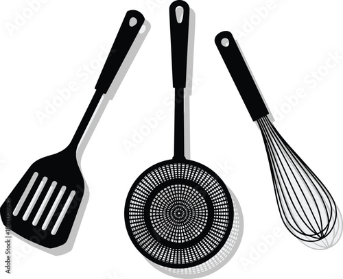 Black kitchen utensils spatula skimmer whisk for cooking food preparation culinary art kitchenware chef tools modern restaurant equipment for baking grilling frying vector illustration for cookbook re