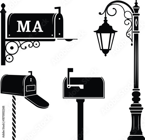 Vintage Mailboxes and Street Lamp Silhouette Vector Illustration Set for Graphic Design Projects Historic Neighborhoods Architectural Plans Residential Development Brochures Real Estate Marketing Mate