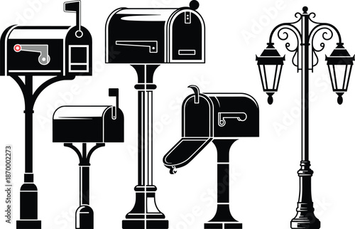 Classic Black Mailboxes and Streetlight Silhouettes Illustration: Traditional Residential Postal Boxes with Raised Flags and Vintage Lamp Post for Architectural Designs Community Planning Real Estate