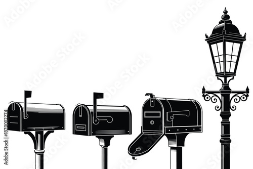 Monochromatic illustration of classic black mailboxes and ornate street lamp set against a white background for residential community design showcasing neighborhood architecture and traditional postal