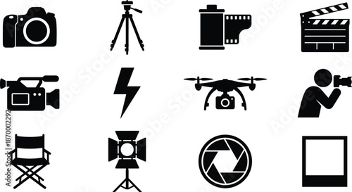 Photography and Video Production Silhouette Vector Icon Set, camera, drone, clapperboard, studio light and filmmaker equipment