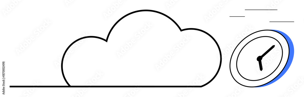 Fototapeta premium Cloud services, time optimization, digital technology, scheduling, data transfer, workflow efficiency. Minimalist cloud line art and a clock in motion. s cloud services and time optimization