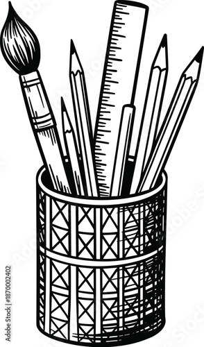 Sketch illustration of pencils, paintbrush and ruler in geometric holder for creative projects stationery supplies art design school education materials artistic expression tools drawing equipment cla