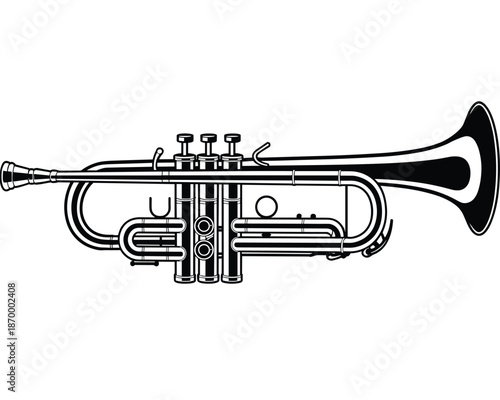 Elegant black and white trumpet line art illustration musical instrument for jazz performance concert band orchestra brass section vintage style music education poster design classical composition art