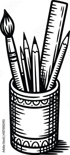 Artistic Hand-Drawn Sketch of Pencil Cup with Drawing Tools for Creative Projects and Educational Resources design element illustration of art supplies in cup for back to school stationary in classes
