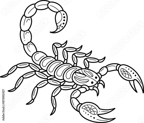 Detailed scorpion illustration with intricate line work and decorative elements dangerous arachnid with segmented body and stinger animal tattoo design for fashion textile print projects nature inspir