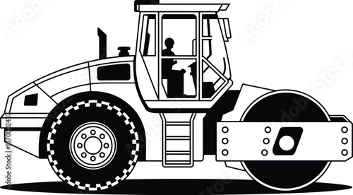 Road roller construction vehicle in black and white vector illustration industrial machine for asphalt concrete compaction works heavy equipment machinery roadwork transport engineering project transp