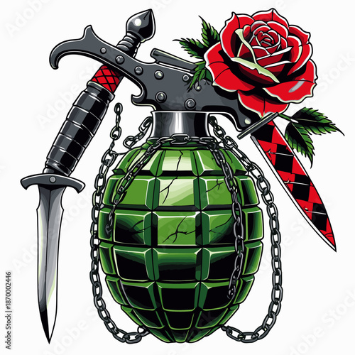 image of a grenade with a background of roses and a knife