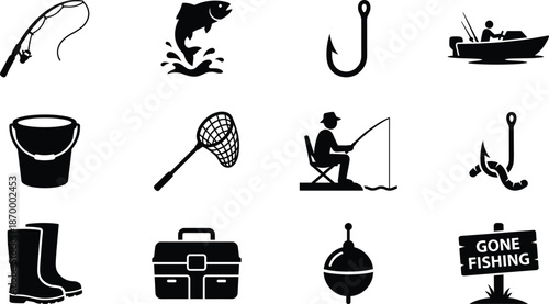 Fishing equipment silhouette icon set, angling sport vector collection with rod, hook, boat, bucket, net, fisherman and gone fishing sign for outdoor adventure design