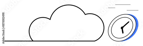 Cloud services, time optimization, digital technology, scheduling, data transfer, workflow efficiency. Minimalist cloud line art and a clock in motion. s cloud services and time optimization