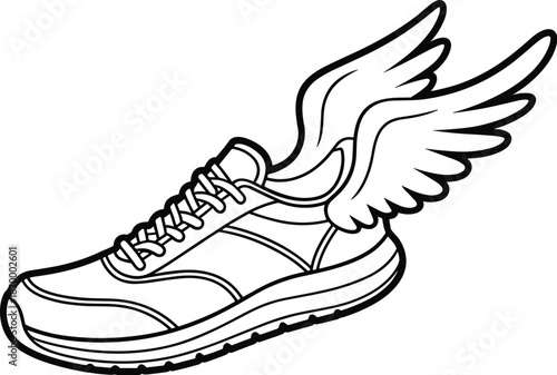 Winged running shoe illustration concept for speed and performance athletic footwear design with wings for fast motion and mobility in sports and fitness graphic element for logo advertising and promo