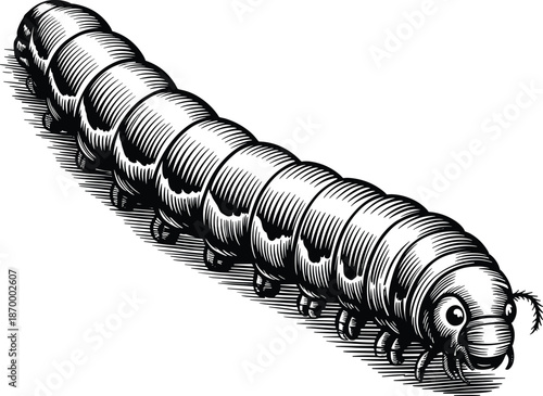 Detailed caterpillar larva insect crawling illustration vintage nature study graphic engraving biology artwork zoology education material wildlife species research entomology metamorphosis lifecycle d