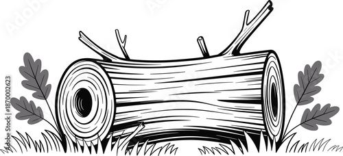 Detailed black and white log illustration lying in grass and leaves nature scene forestry environment woodland ecosystem drawing for educational resources children's books natural history illustration