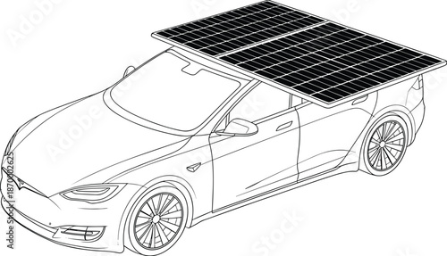 Modern electric car with solar panels on roof generating renewable energy clean transportation vehicle innovation sustainable mobility technology design illustration for environmental campaigns automo