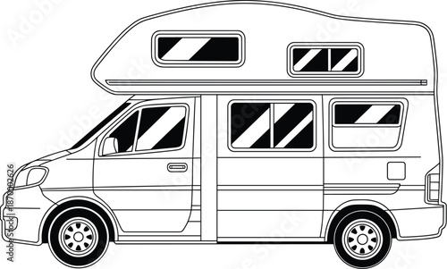 Detailed line art illustration of camper van ready for outdoor adventures camping and road trips recreational vehicle for family vacations travel tourism exploring nature and freedom modern design for