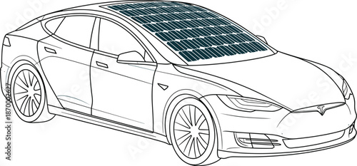 Modern electric car with solar panel roof charging battery power sustainable vehicle innovative energy technology clean transportation alternative fuel source renewable resource line art illustration