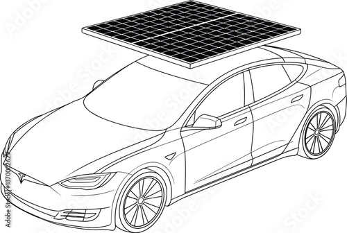 Electric car with solar panel roof charging battery alternative clean energy futuristic vehicle technology sustainable transportation innovation concept for automotive engineering environmental soluti
