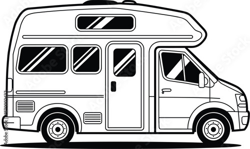 Outlined recreational vehicle RV campervan illustration for road trip adventures and camping vacations minimalist vehicle black and white design for travel blogs tourism websites and automotive indust