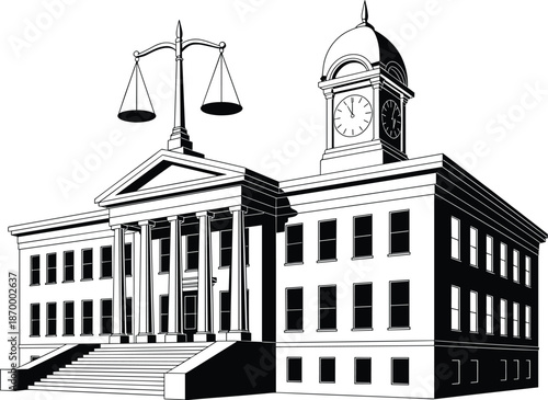 Detailed courthouse vector illustration with clock tower and scales of justice representing law and order in classic architectural style for legal professionals government agencies and historical pres