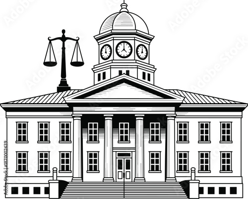 Classic courthouse building illustration with scales of justice symbol representing legal system court of law government architecture in black and white for presentations websites educational material