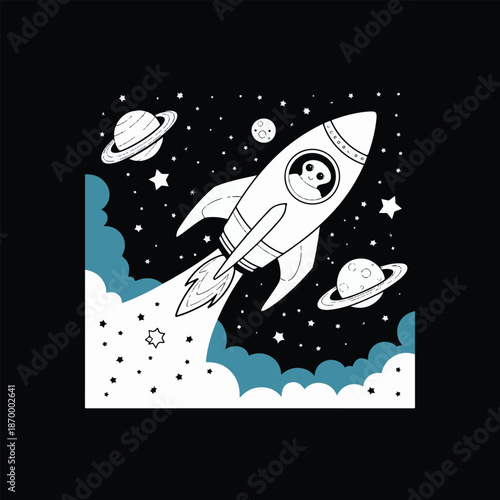 Cute panda pilot in a rocket spaceship exploring outer space with planets and stars, hand-drawn vector illustration