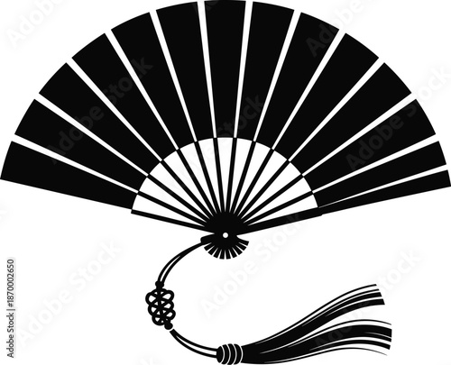 Elegant black hand fan with tassel illustration intricate design oriental asian decorative element traditional japanese chinese culture symbol vintage vector graphic for fashion beauty travel advertis