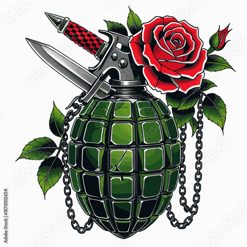 image of a grenade with a background of roses and a knife