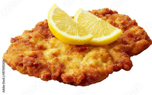Gourmet breaded chicken schnitzel featuring golden crust and zesty lemon garnish isolated on transparent background PNG