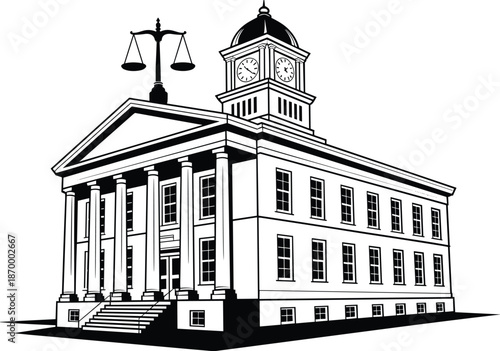 Detailed courthouse building illustration with clock tower and scales of justice law concept for legal system government architecture and municipal services in monochromatic black and white vector des