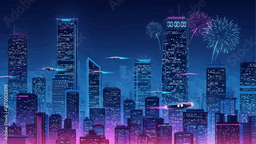 Vibrant futuristic cityscape with flying cars and fireworks at night