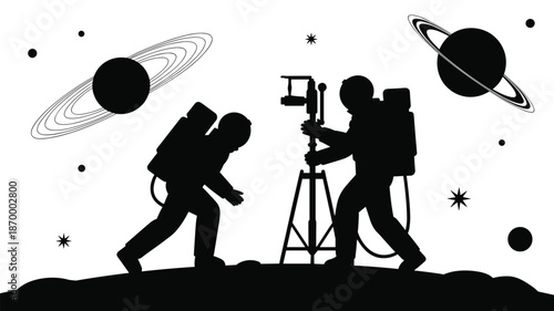 Astronauts exploring space with camera equipment on lunar surface silhouette illustration space exploration concept scientific discovery in cosmos astronomy research for educational materials and pres