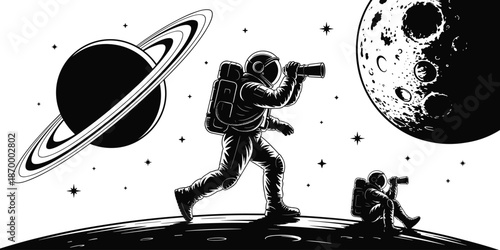 Astronaut exploring outer space with telescope on distant planet surface monochrome spaceman observing cosmos galaxy stars for science fiction graphic novel illustration exploration adventure travel t