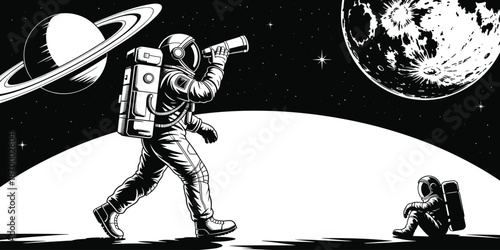 Astronauts exploring distant planet with telescope in monochrome outer space landscape with stars and planets space exploration concept for science fiction adventures and cosmic discovery for educatio