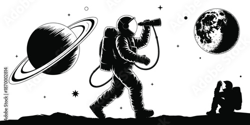 Astronaut Exploring Space with Telescope on Lunar Surface Watching Planet Saturn and Moon Satellite in Black and White Graphic Illustration for Science Education Space Exploration Projects Astronomy R