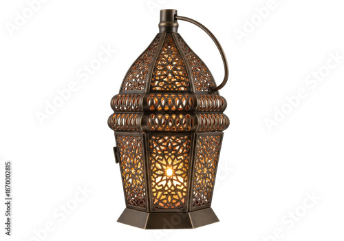 ornate arabic lantern with perforated metal pattern, ramadan lantern glow