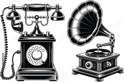 Vintage rotary telephone and gramophone illustration in retro engraving style antique communications technology phonograph for music nostalgia old fashioned equipment classic design historic sound rec