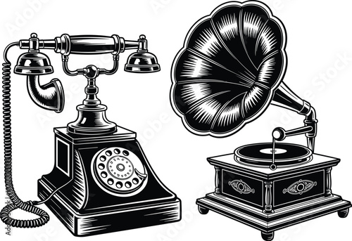 Vintage rotary dial telephone and phonograph in black and white illustration old fashioned communication technology antique record player for music nostalgia retro style classic design historic teleco