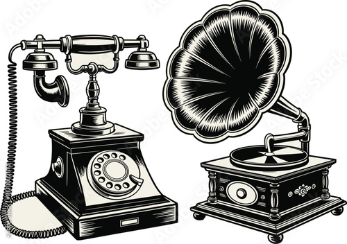 Vintage rotary telephone and gramophone phonograph in retro style illustration classic communication device and music player antique technology for history lessons entertainment industry nostalgia vec