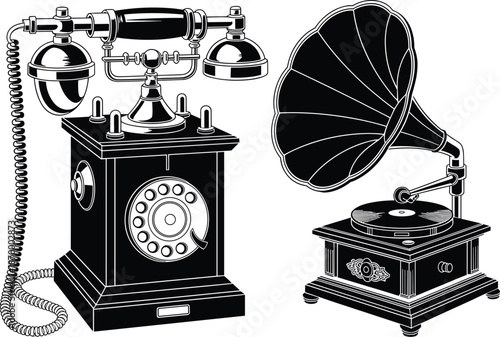 Antique Telephone and Gramophone Phonograph in Vintage Style Black and White Illustration Old Communication Device and Music Player Retro Technology History Nostalgia Classic Design for Print Media an