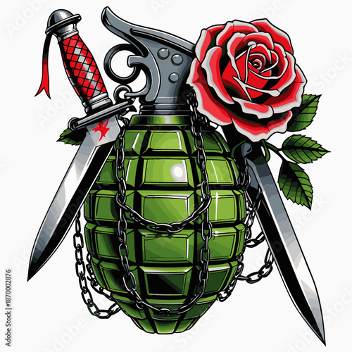 image of a grenade with a background of roses and a knife